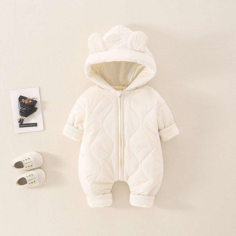 Beige quilted hooded baby romper with bear ears