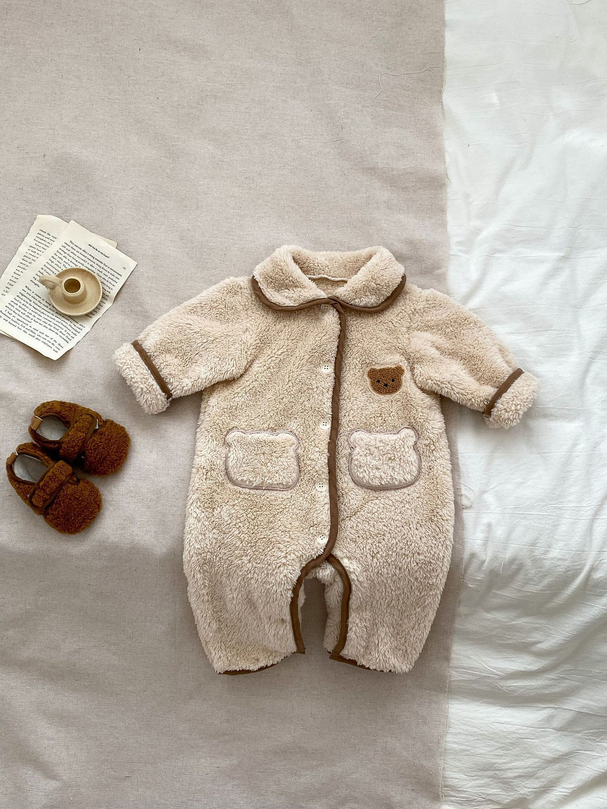 Beige teddy fleece bear jumpsuit with collar