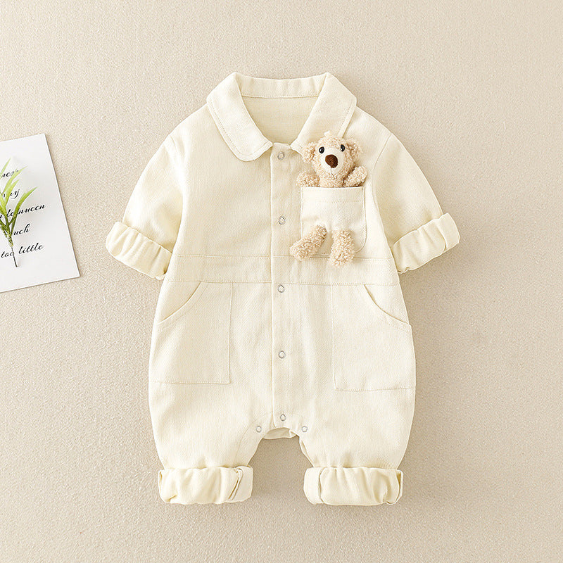 Beige collared baby jumpsuit with plush teddy
