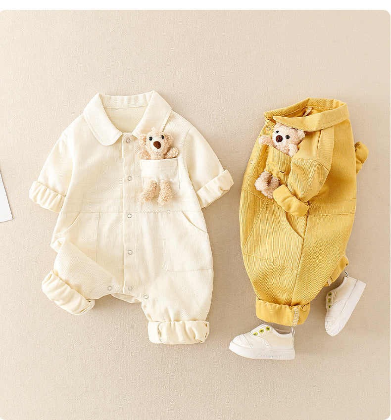 Beige and yellow teddy pocket baby jumpsuits