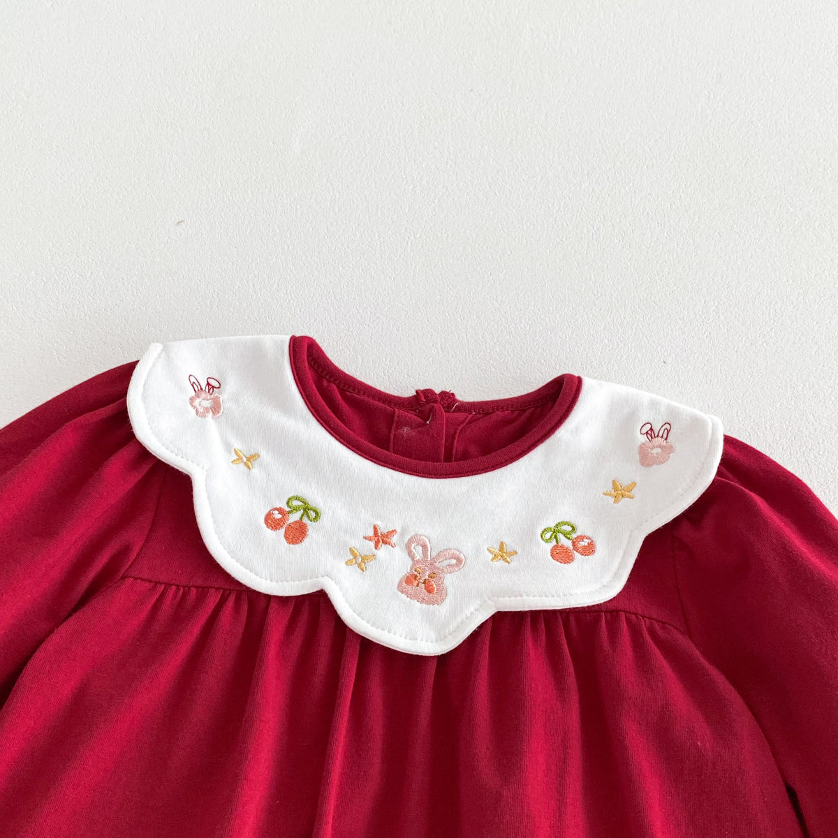 Close-up of berry embroidery on white scalloped collar