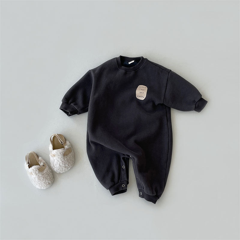 Black thick fleece-lined long sleeve baby romper with sherpa shoes