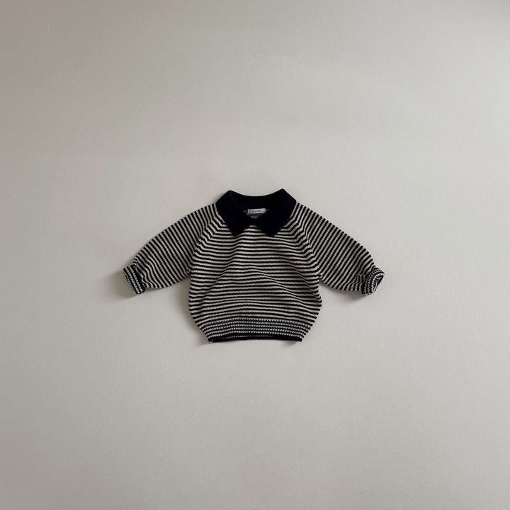 Black and white striped polo collar knit sweater