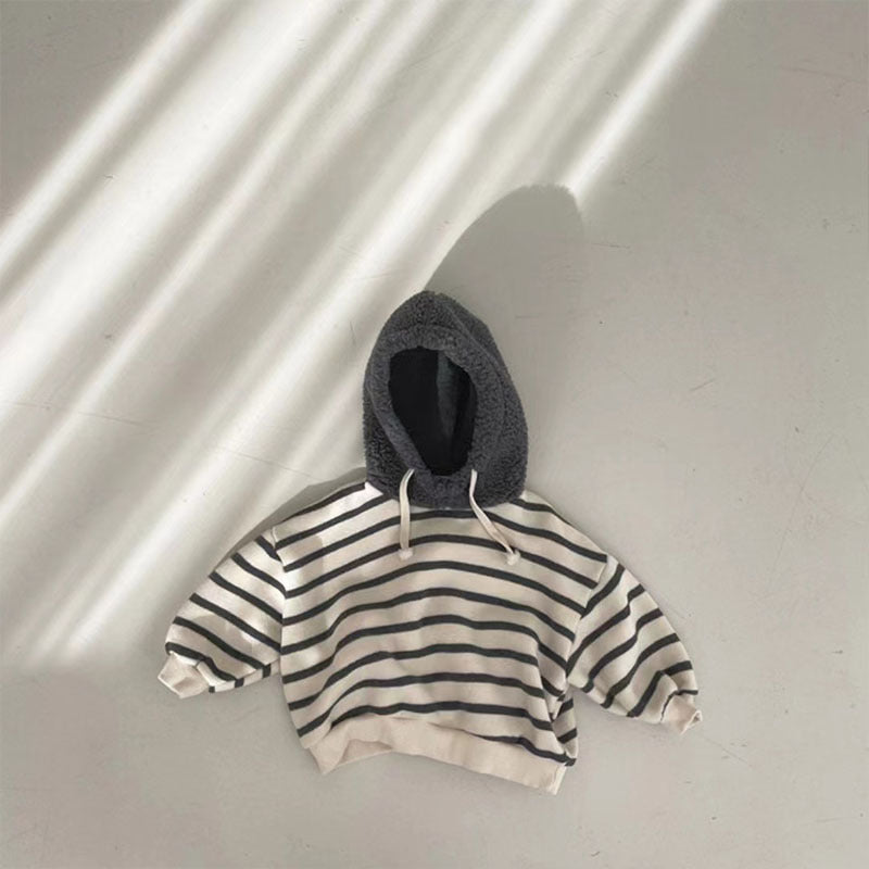 Black and cream striped baby hoodie with sherpa hood