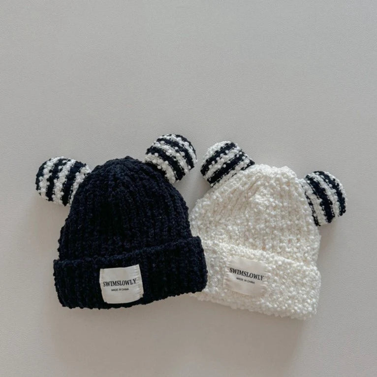 Black and white chunky knit bear ear beanies