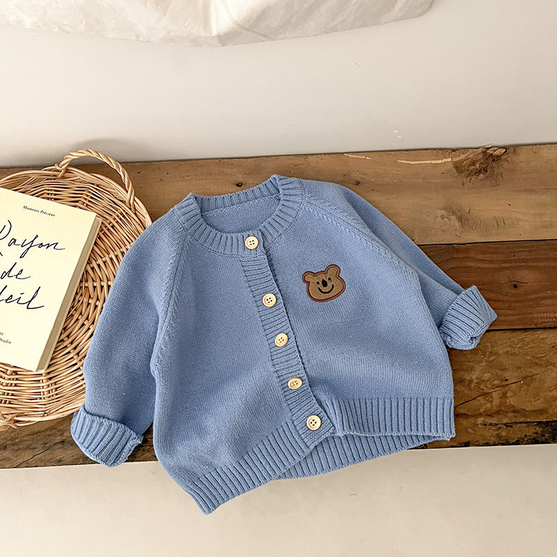 Blue bear patch knit baby cardigan