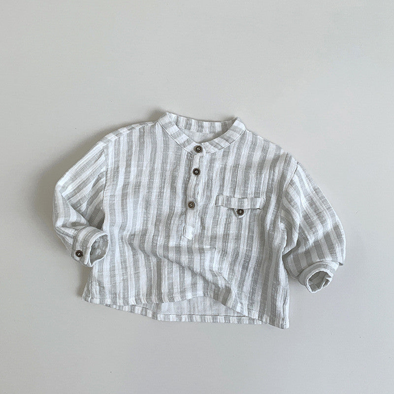 Blue and white striped henley toddler shirt with pocket