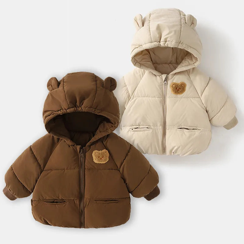 Brown and beige bear ear hooded puffer jackets