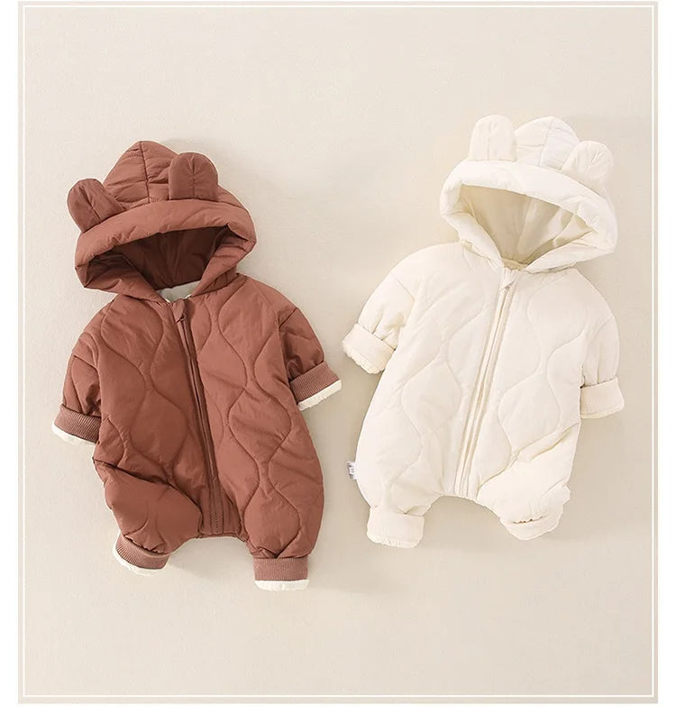 Brown and beige quilted bear rompers