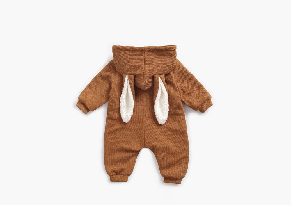 Back of brown jumpsuit showing bunny ears