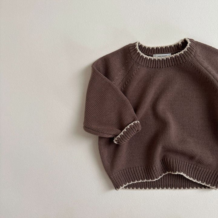 Brown knit sweater with cream contrast trim