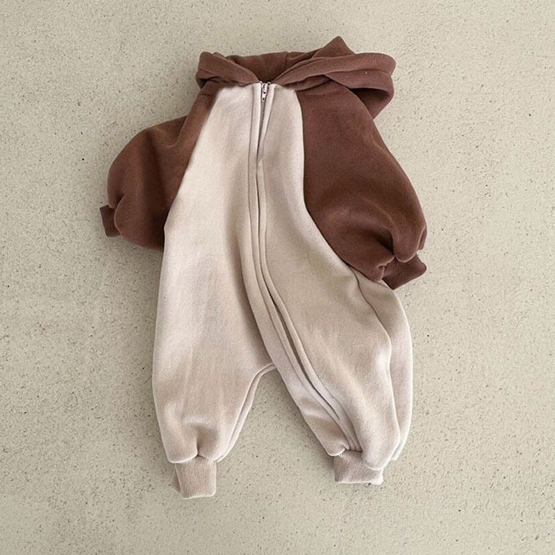 Brown and cream hooded zip baby jumpsuit