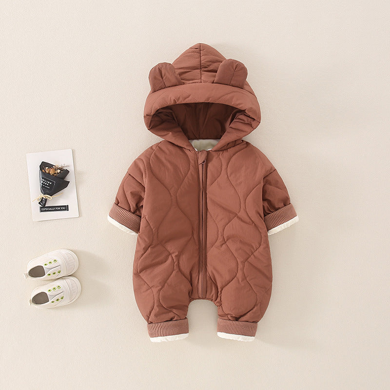 Brown quilted hooded baby romper with bear ears