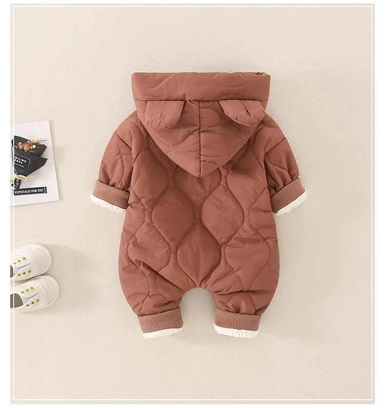 Back view of brown quilted romper
