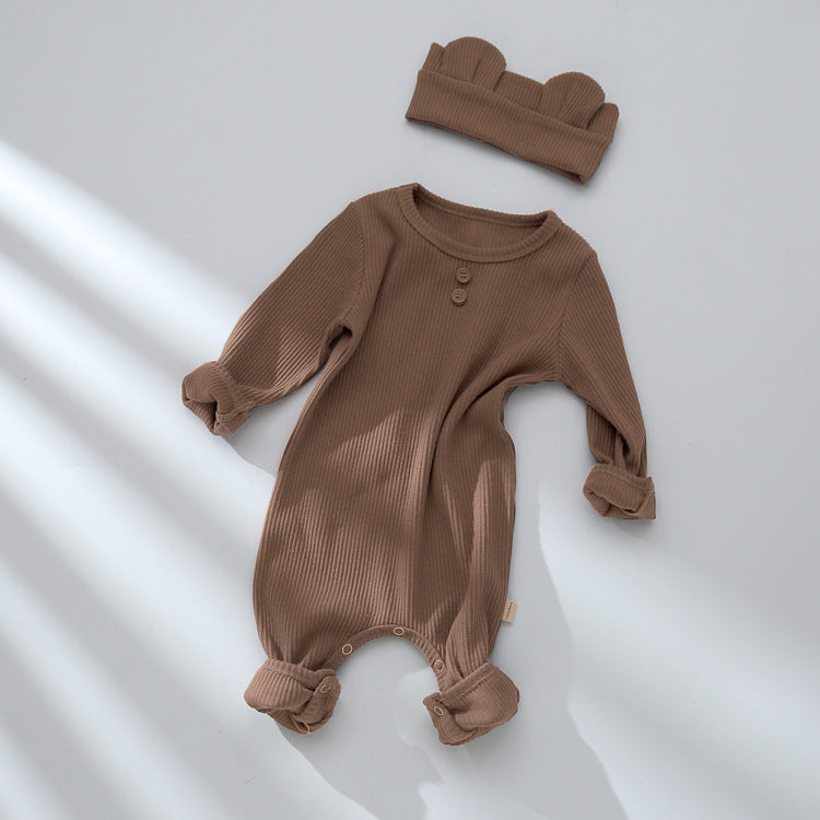 Brown ribbed footed baby jumpsuit with headband