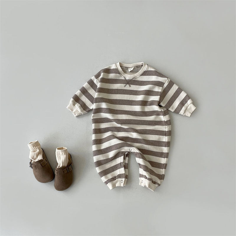 Brown striped long sleeve baby romper with slippers