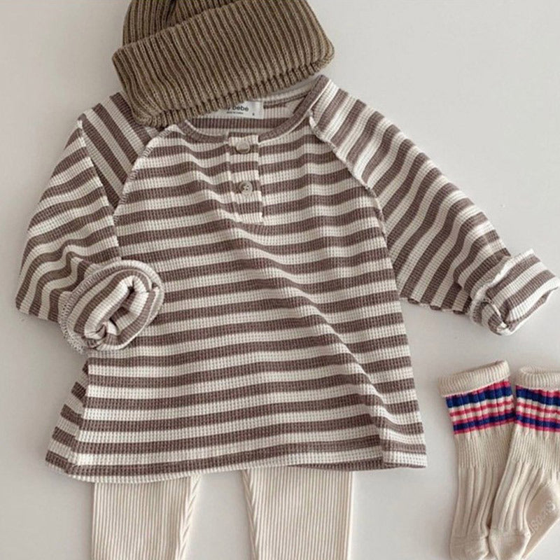 Brown striped henley baby top with beanie and socks