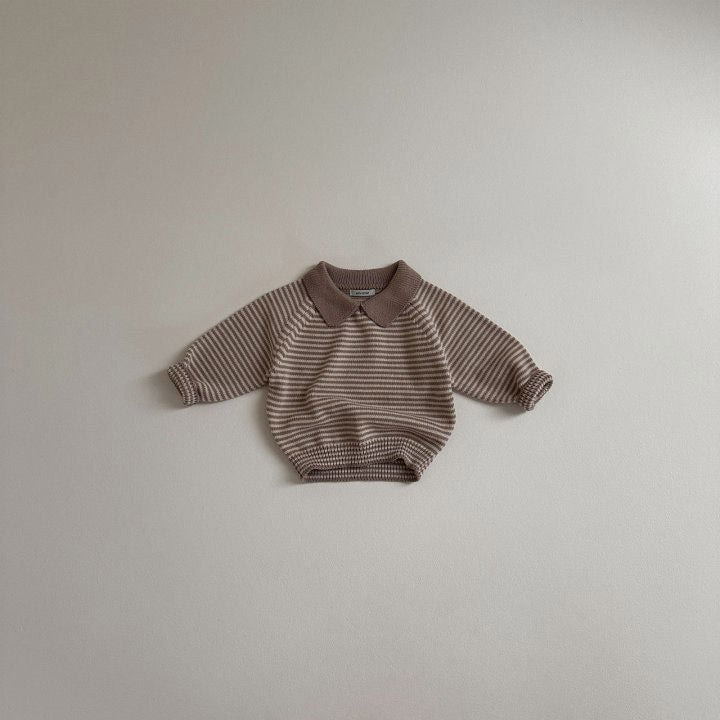 Brown striped polo collar knit sweater