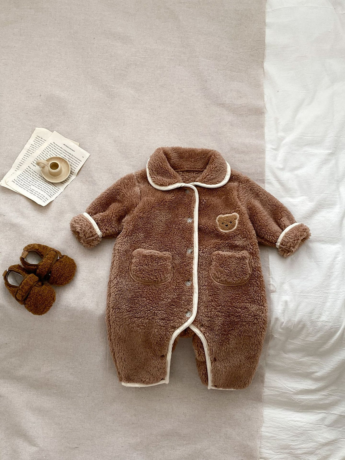 Brown teddy fleece bear baby jumpsuit