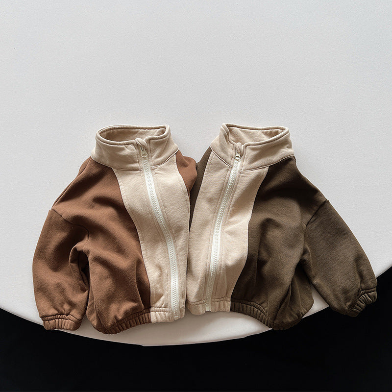 Brown and dark brown contrast stripe zip jackets