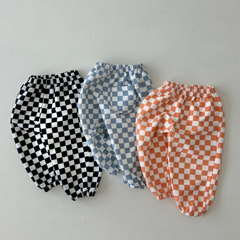 Black, blue and orange checkerboard toddler pants