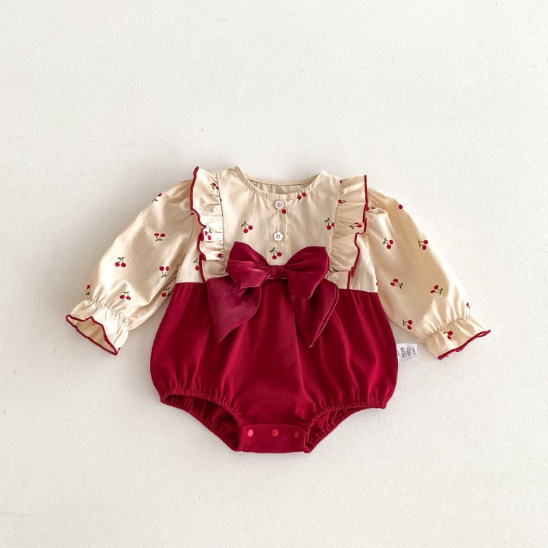 Cherry print long sleeve romper with big red velvet bow