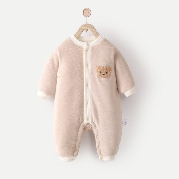 Coffee fleece-lined bear baby jumpsuit on a hanger