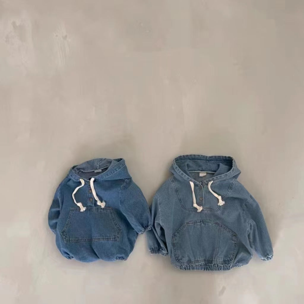 Two denim hooded baby sweatshirts