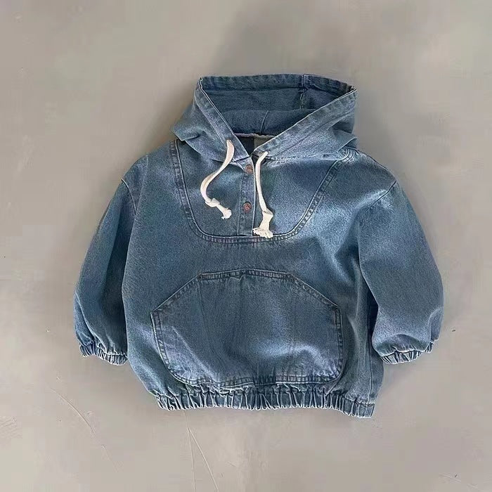 Denim hooded sweatshirt with drawstring and kangaroo pocket