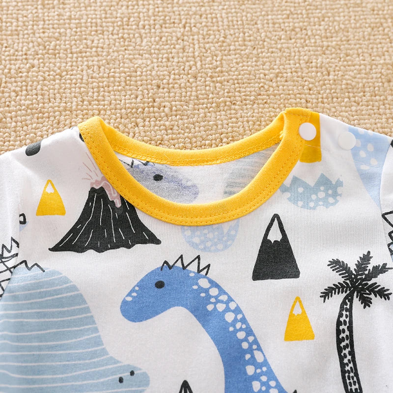 Close-up of yellow neckline on dinosaur romper