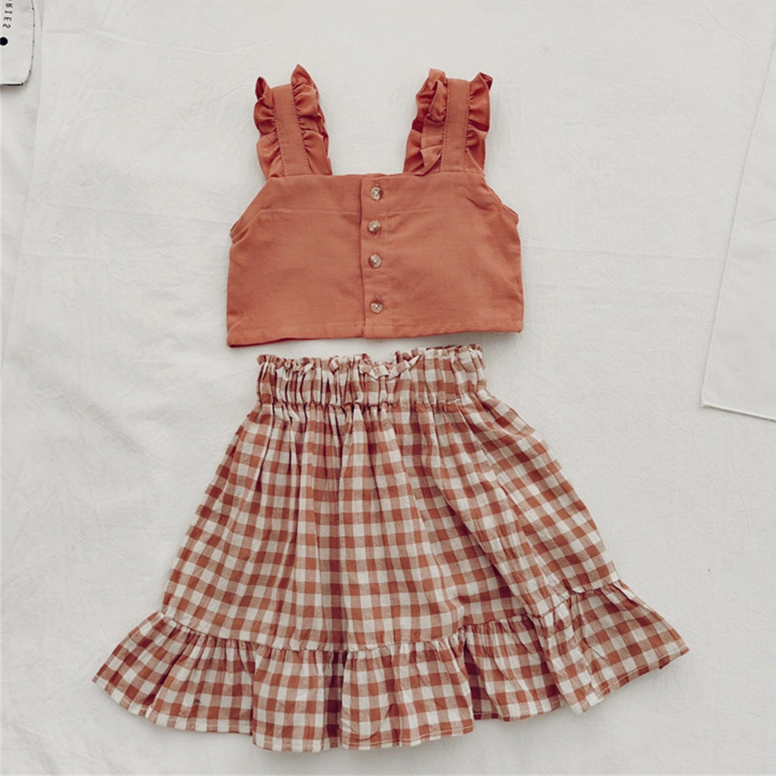 Ruffled Buttoned Crop Top & Plaid Skirt Set