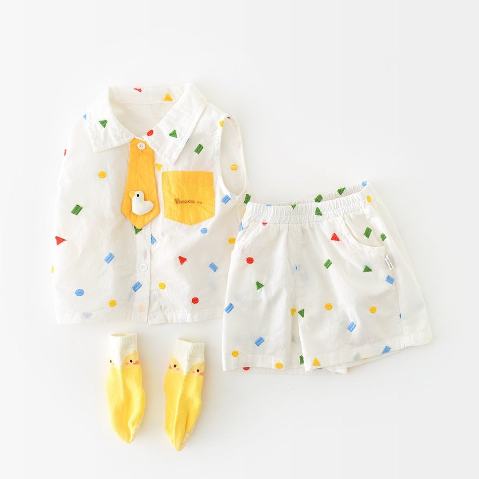 Summer Korean Style Full Embroidery Geometric Vest Suit