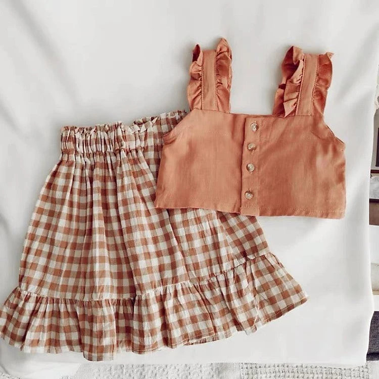 Ruffled Buttoned Crop Top & Plaid Skirt Set