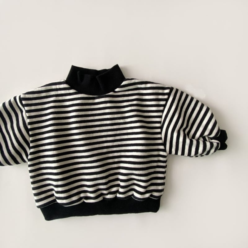 Black and white striped mock neck baby sweatshirt, flat lay