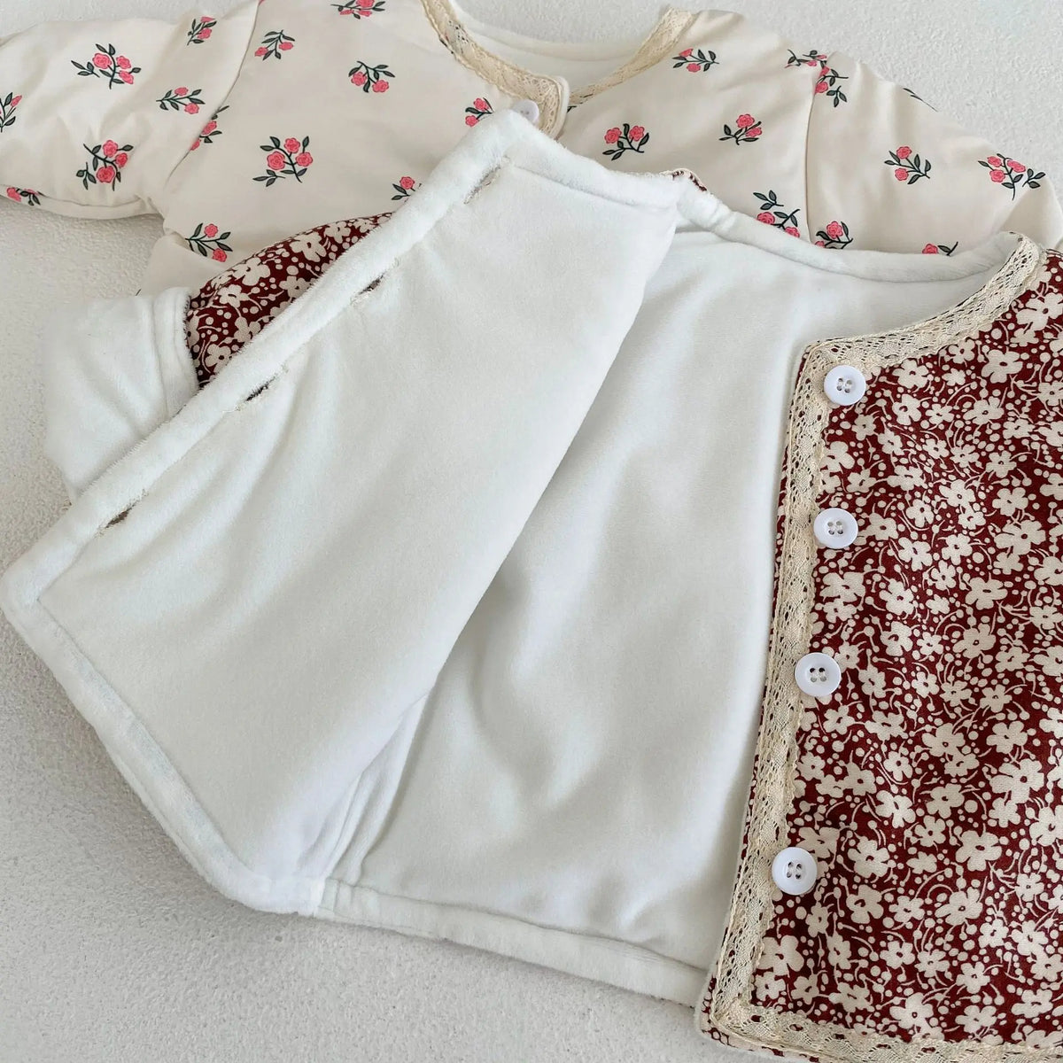 Close-up of fleece lining inside floral jacket