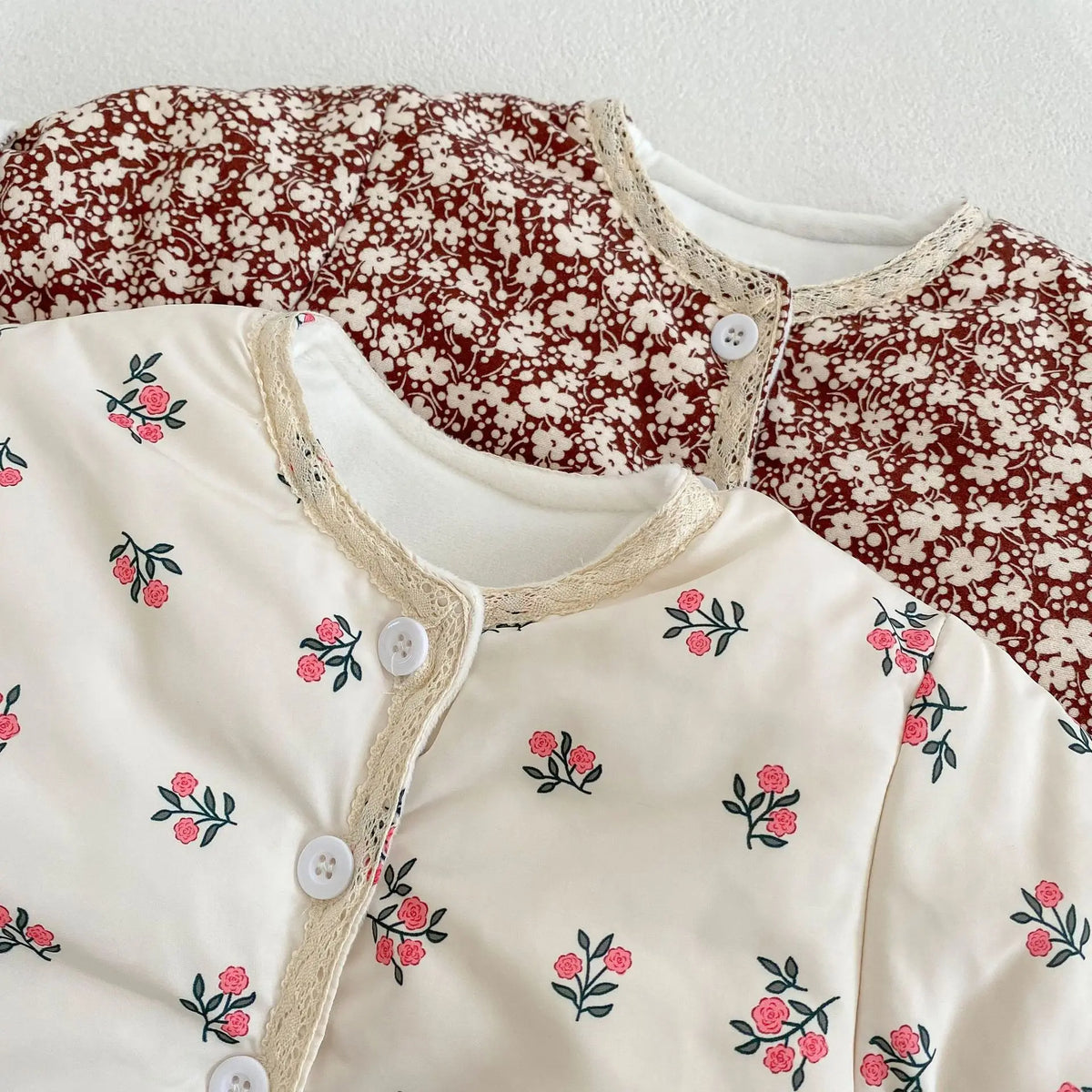 Close-up of floral print and lace trim
