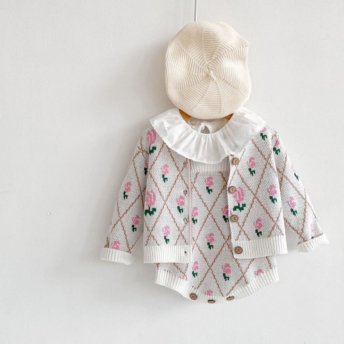 Floral jacquard knit baby cardigan and romper set with ruffle collar and cream beret