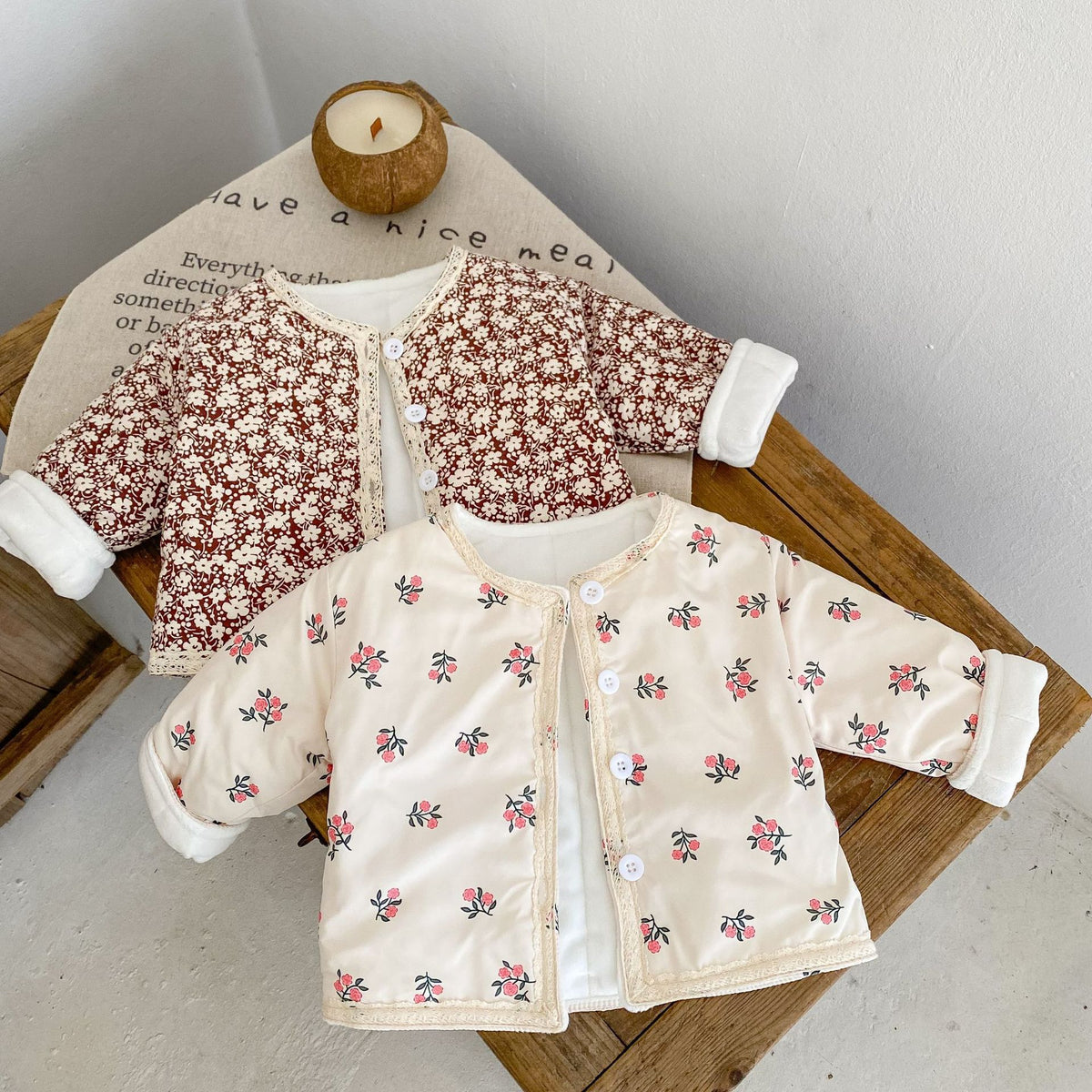Apricot and brown floral padded baby jackets
