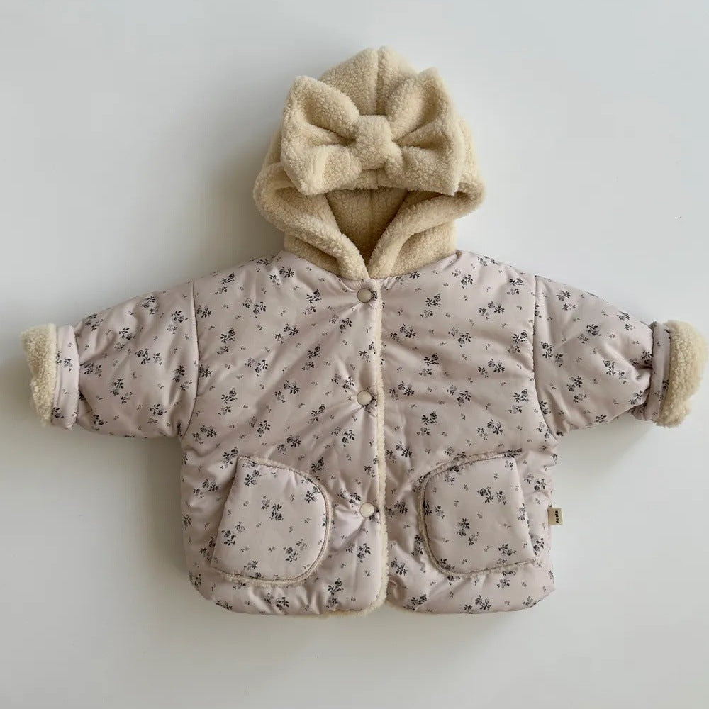 Floral quilted hooded baby jacket with bow