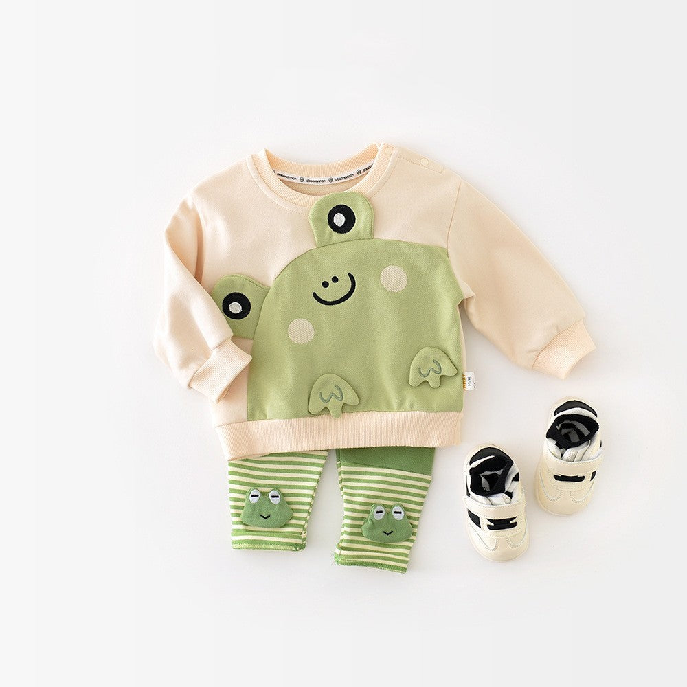 Frog sweatshirt with green striped pants and shoes