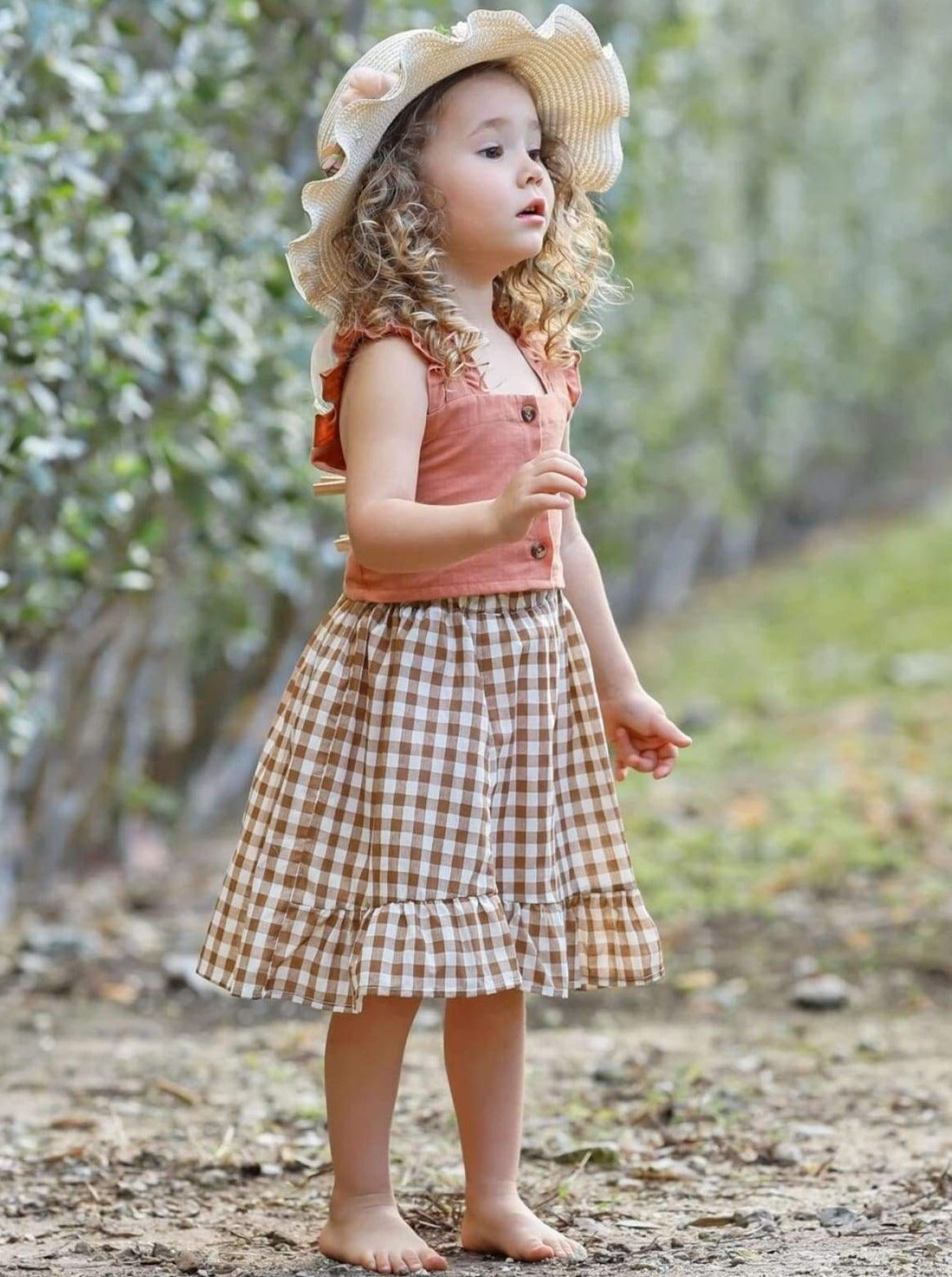 Ruffled Buttoned Crop Top & Plaid Skirt Set