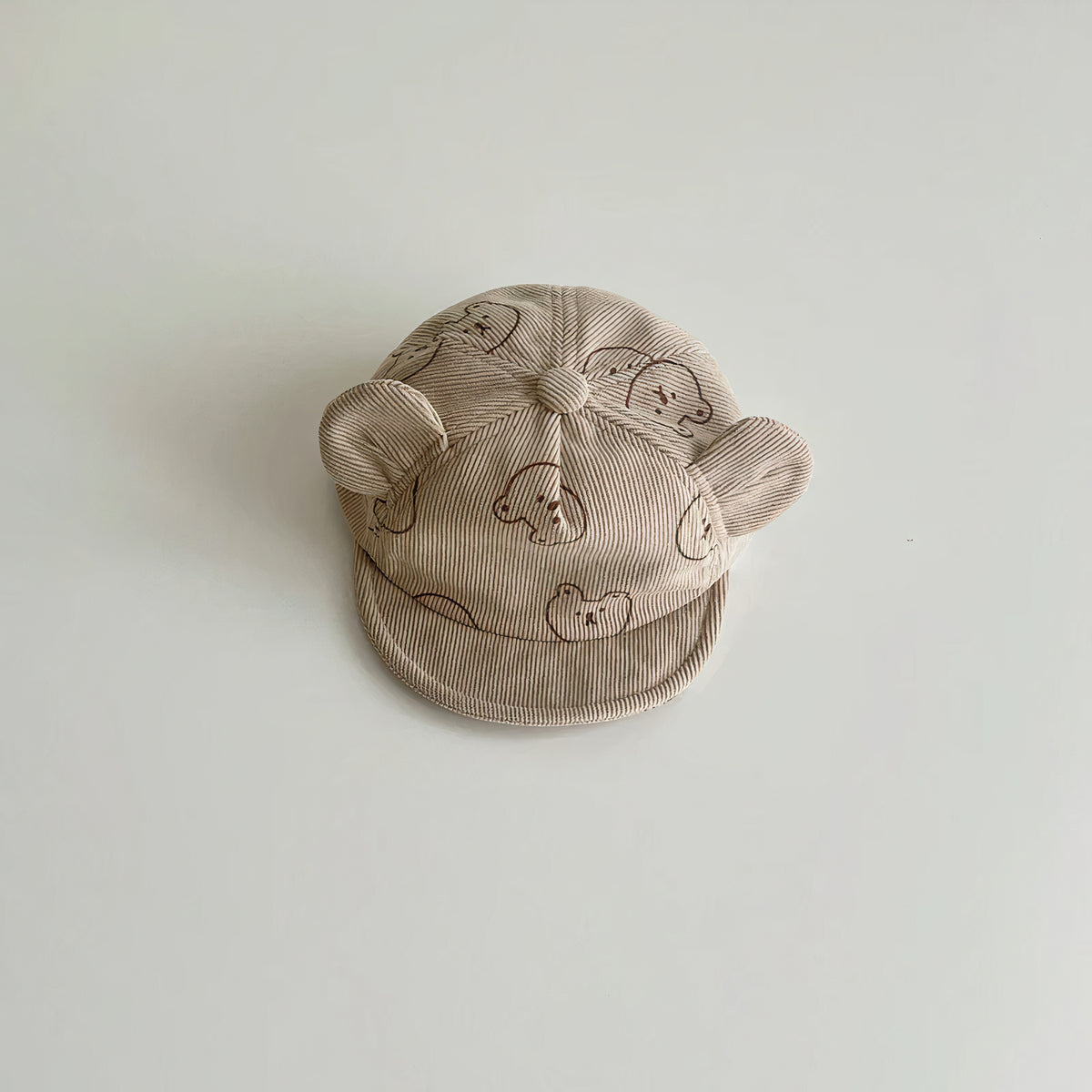 Gray bear print corduroy baby cap with ears