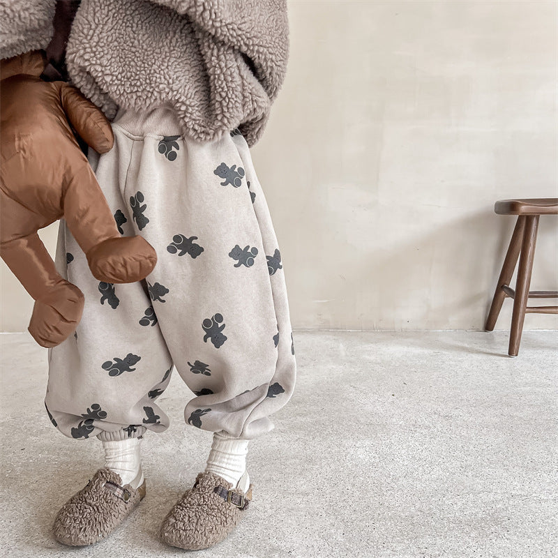 Gray bear print thermal pants with slippers