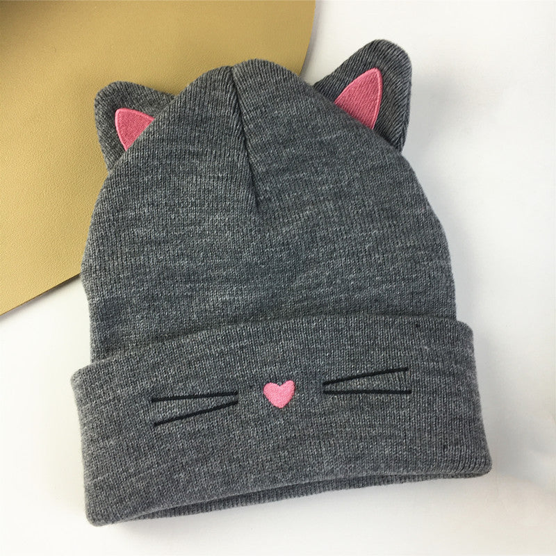 Gray cat ears knit beanie with whiskers