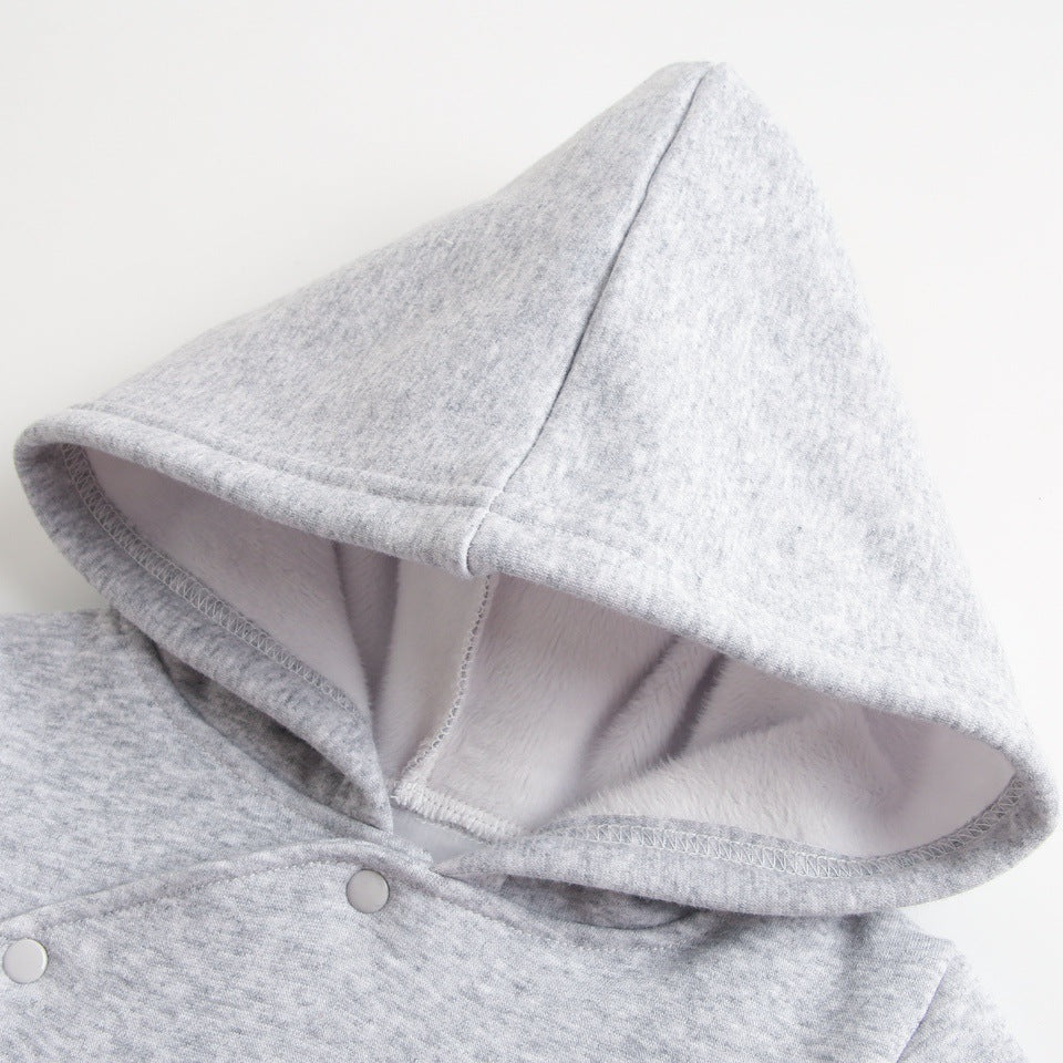 Close-up of gray jumpsuit hood lining