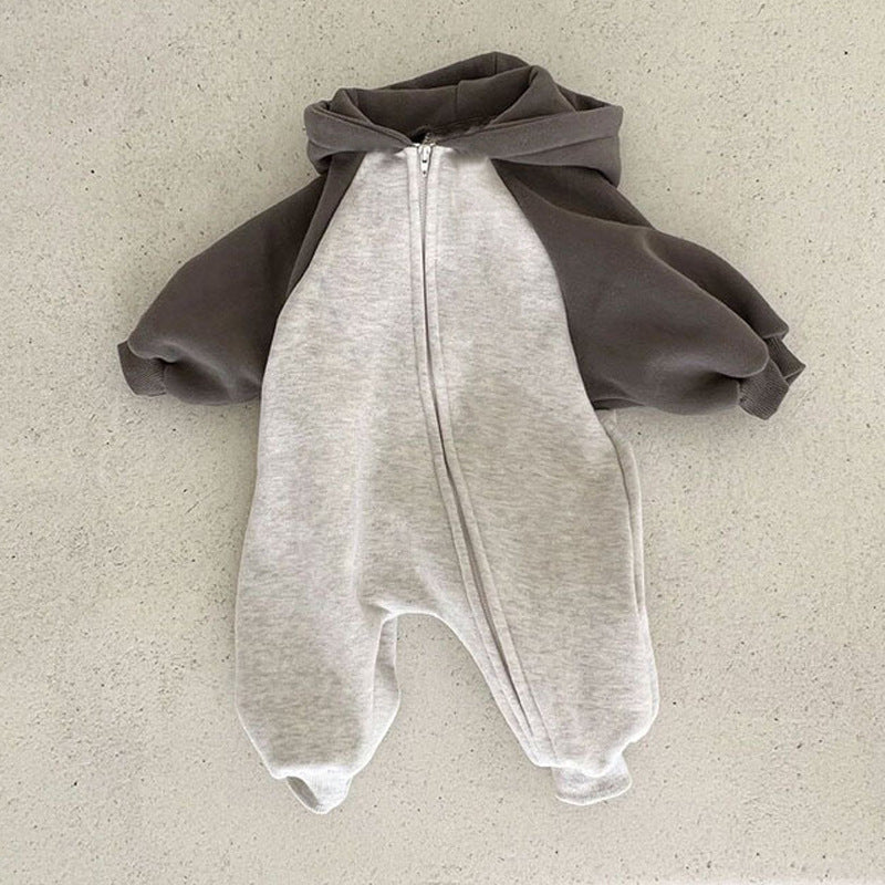 Gray and cream hooded zip baby jumpsuit