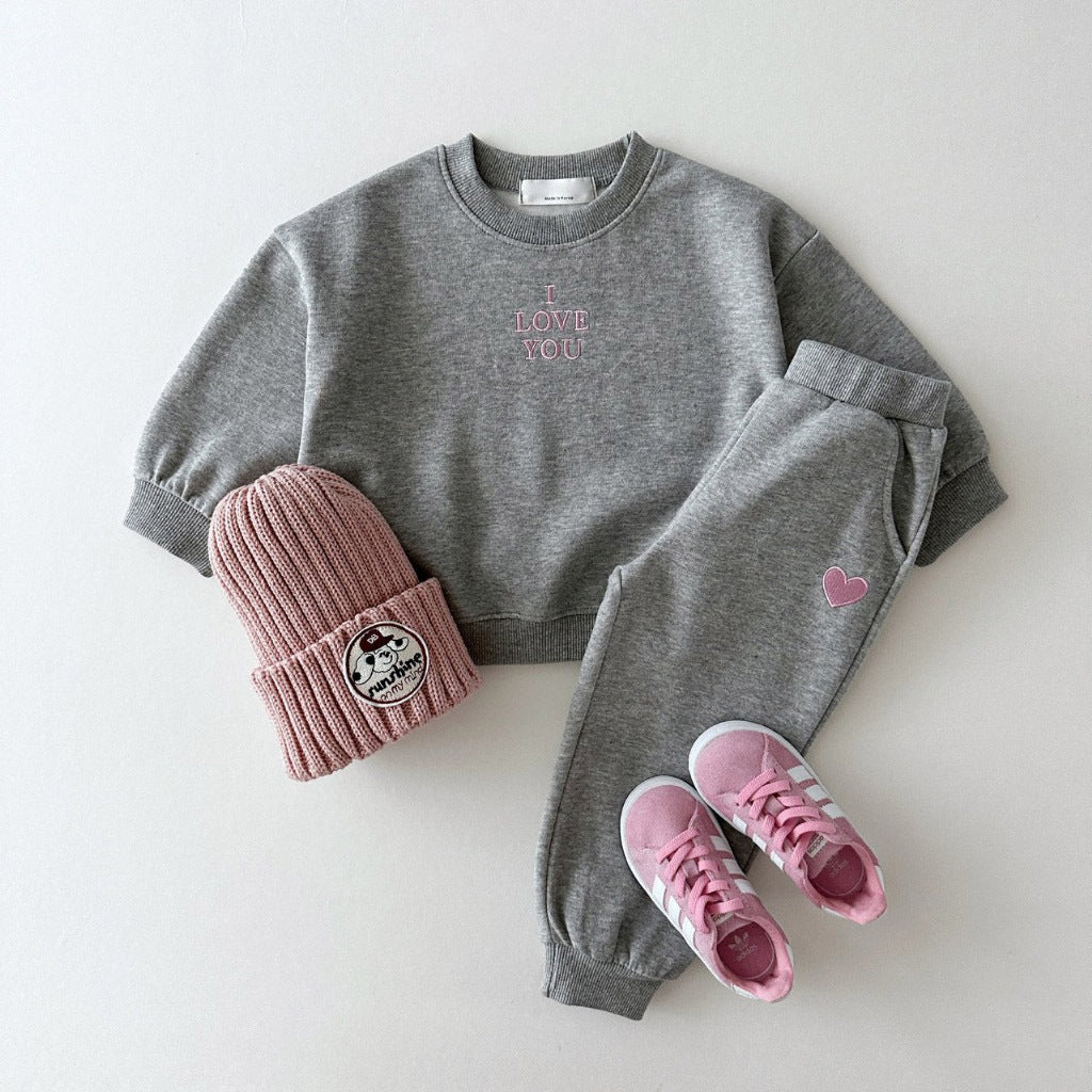 Gray I Love You embroidered sweatshirt set with pink beanie
