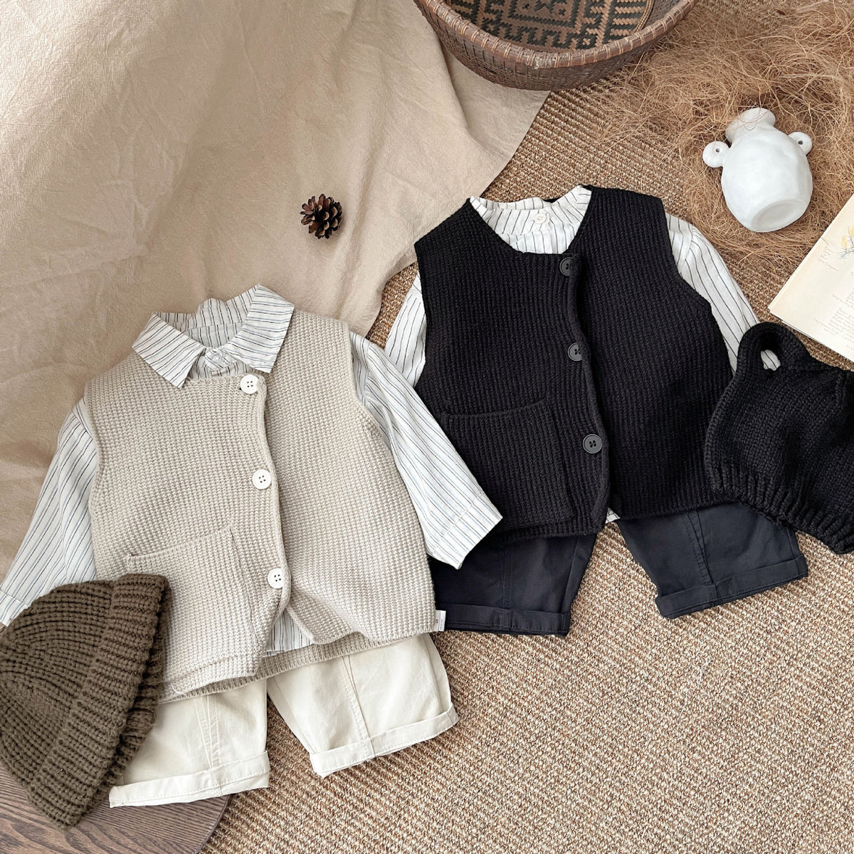 Black and beige knitted button vests styled with white shirts