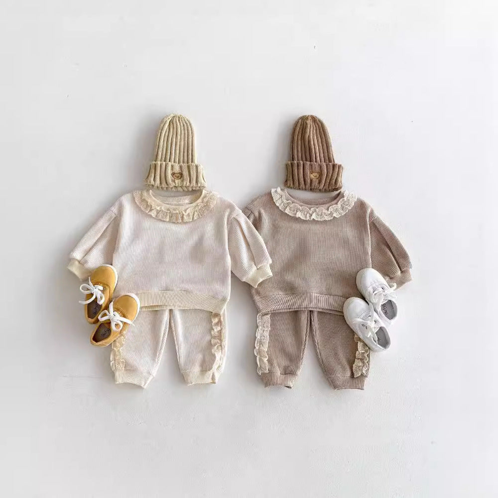 Beige and brown Korean style knit sweater and jogger sets with matching hats