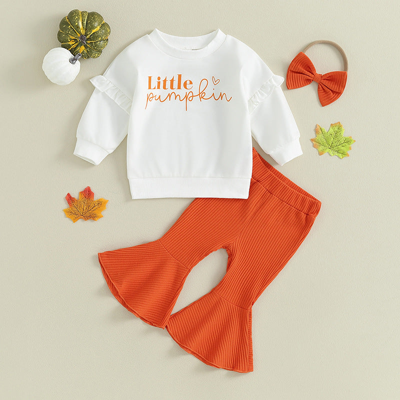 Little Pumpkin sweatshirt with orange flare pants and bow